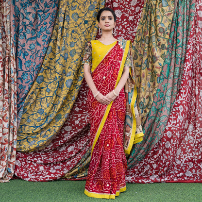 Red Bandhani With Pichwai Kalamkari Saree Set