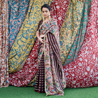 Brown Stripes Saree Set With Kalamkari