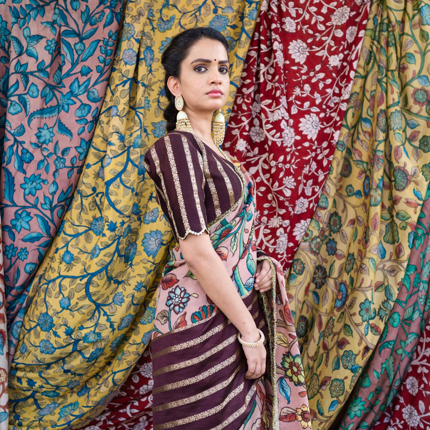 Brown Stripes Saree Set With Kalamkari