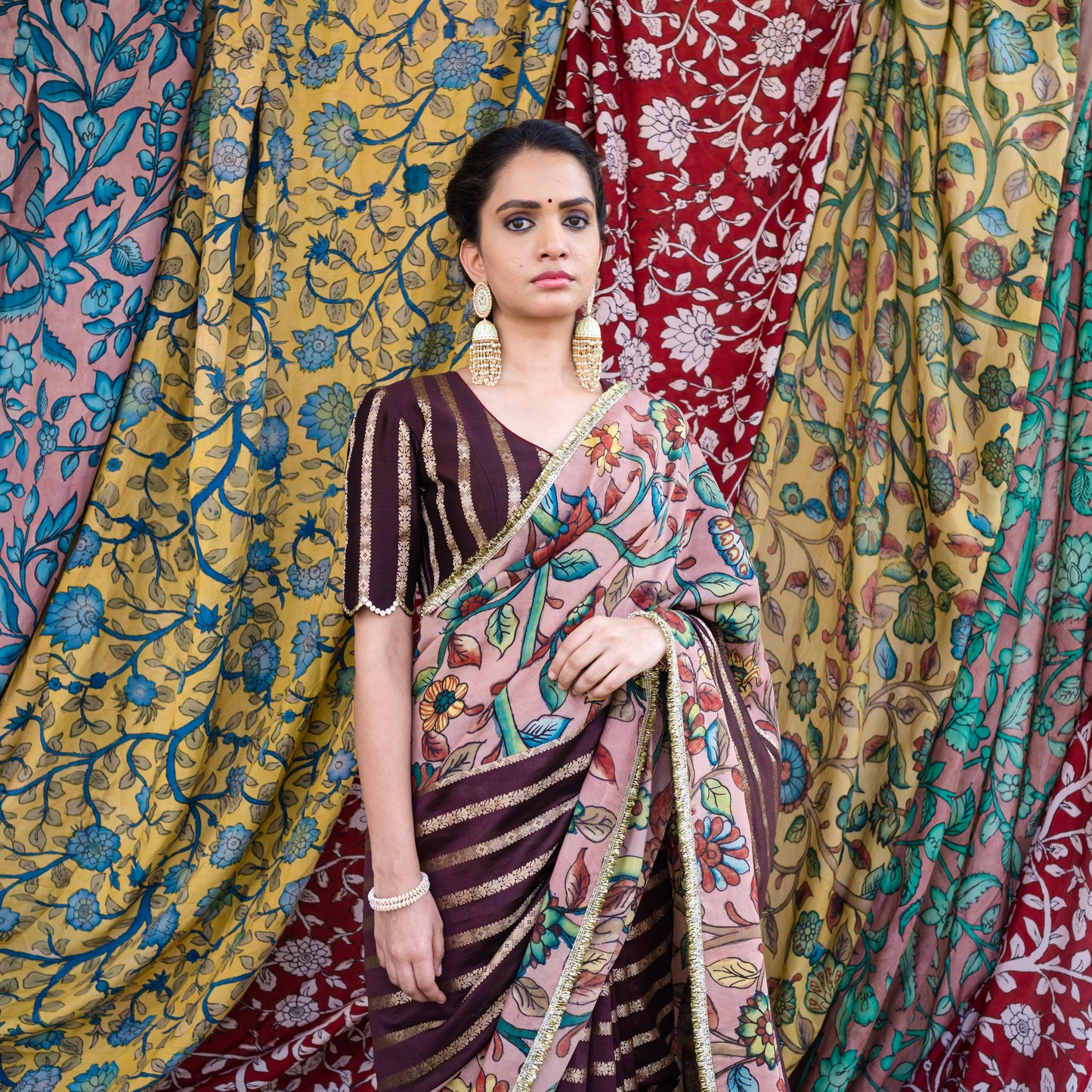 Brown Stripes Saree Set With Kalamkari