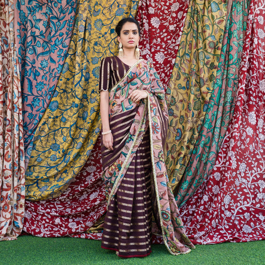 Brown Stripes Saree Set With Kalamkari