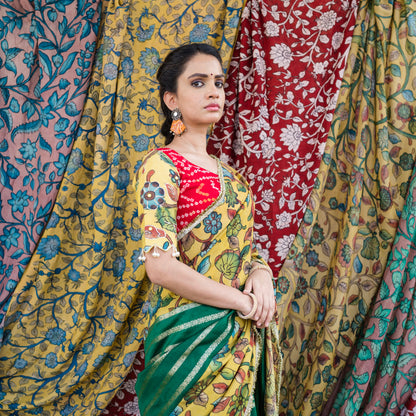 Green Stripes Saree Set With Kalamkari