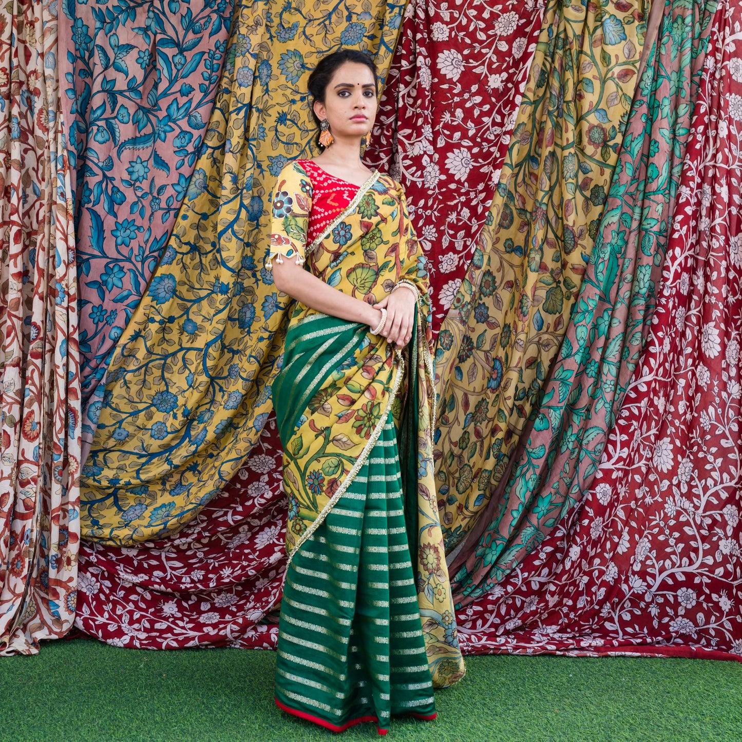 Green Stripes Saree Set With Kalamkari