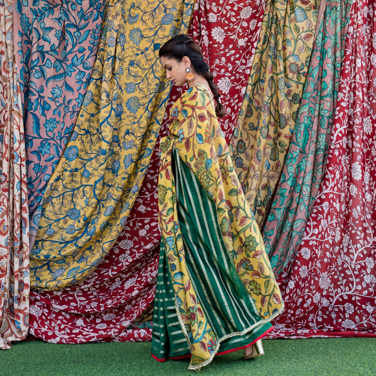 Green Stripes Saree Set With Kalamkari