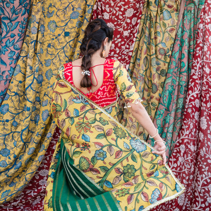 Green Stripes Saree Set With Kalamkari