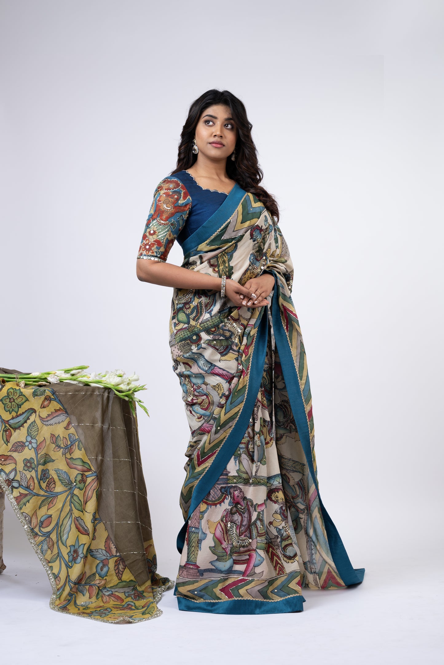 Ivory Bharatanatyam Kalamkari Saree Set