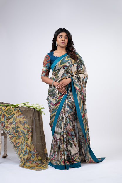 Ivory Bharatanatyam Kalamkari Saree Set