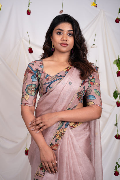 Sandrose-Pink Saree Set With Kalamkari Detailing.