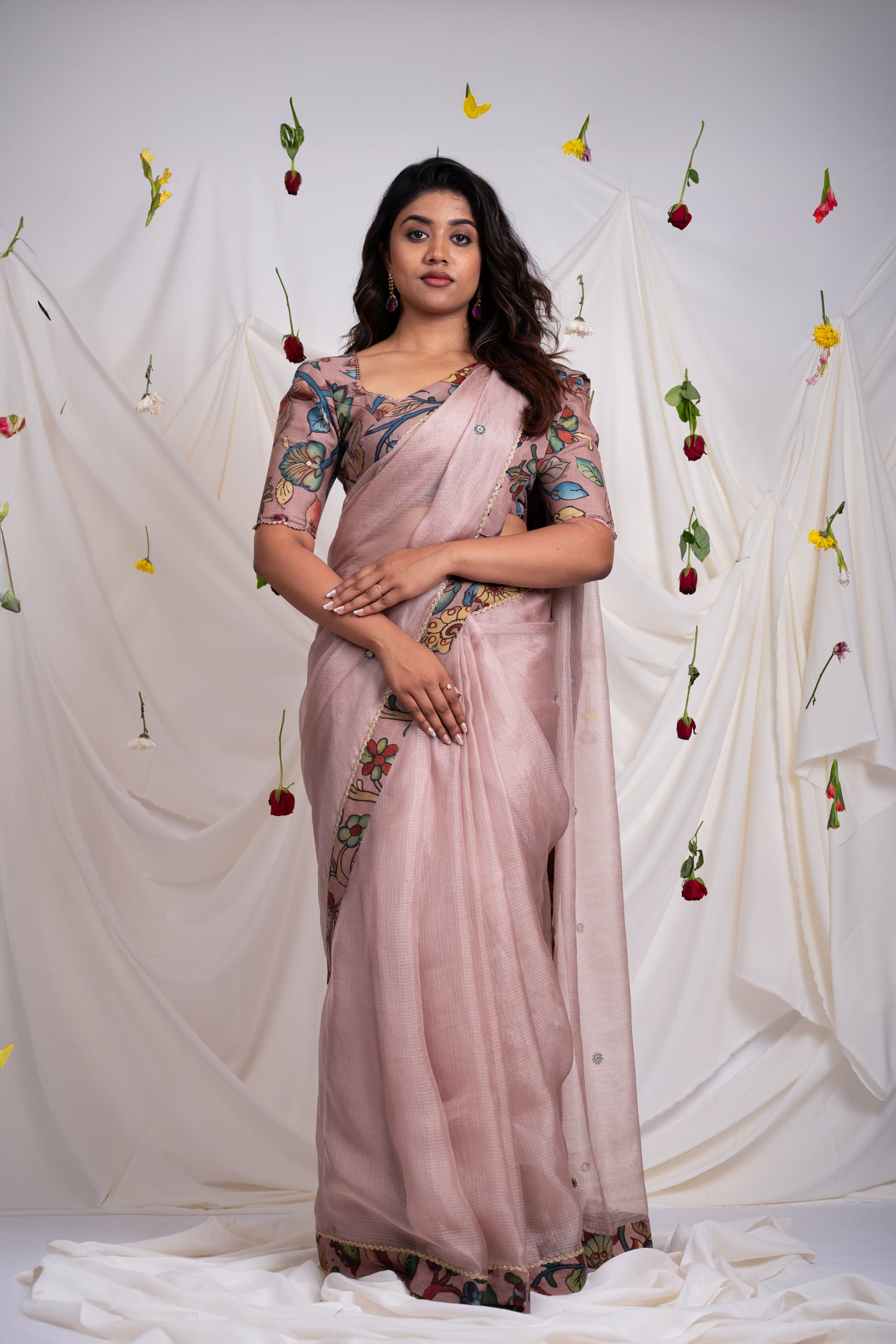 Sandrose-Pink Saree Set With Kalamkari Detailing.