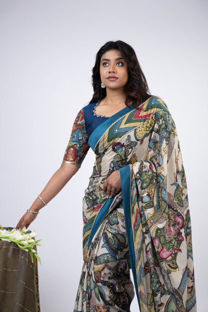 Ivory Bharatanatyam Kalamkari Saree Set