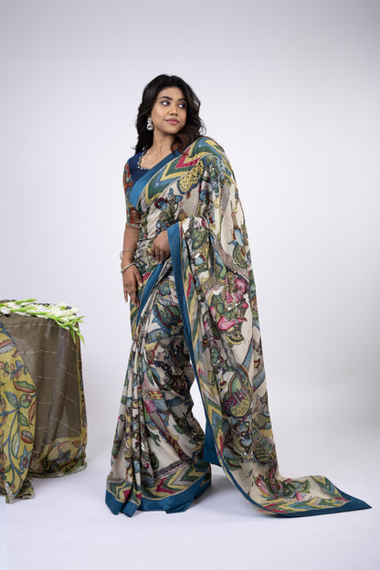 Ivory Bharatanatyam Kalamkari Saree Set