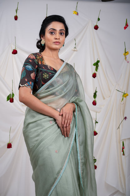 Ice-Green Saree Set With Kalamkari Detailing