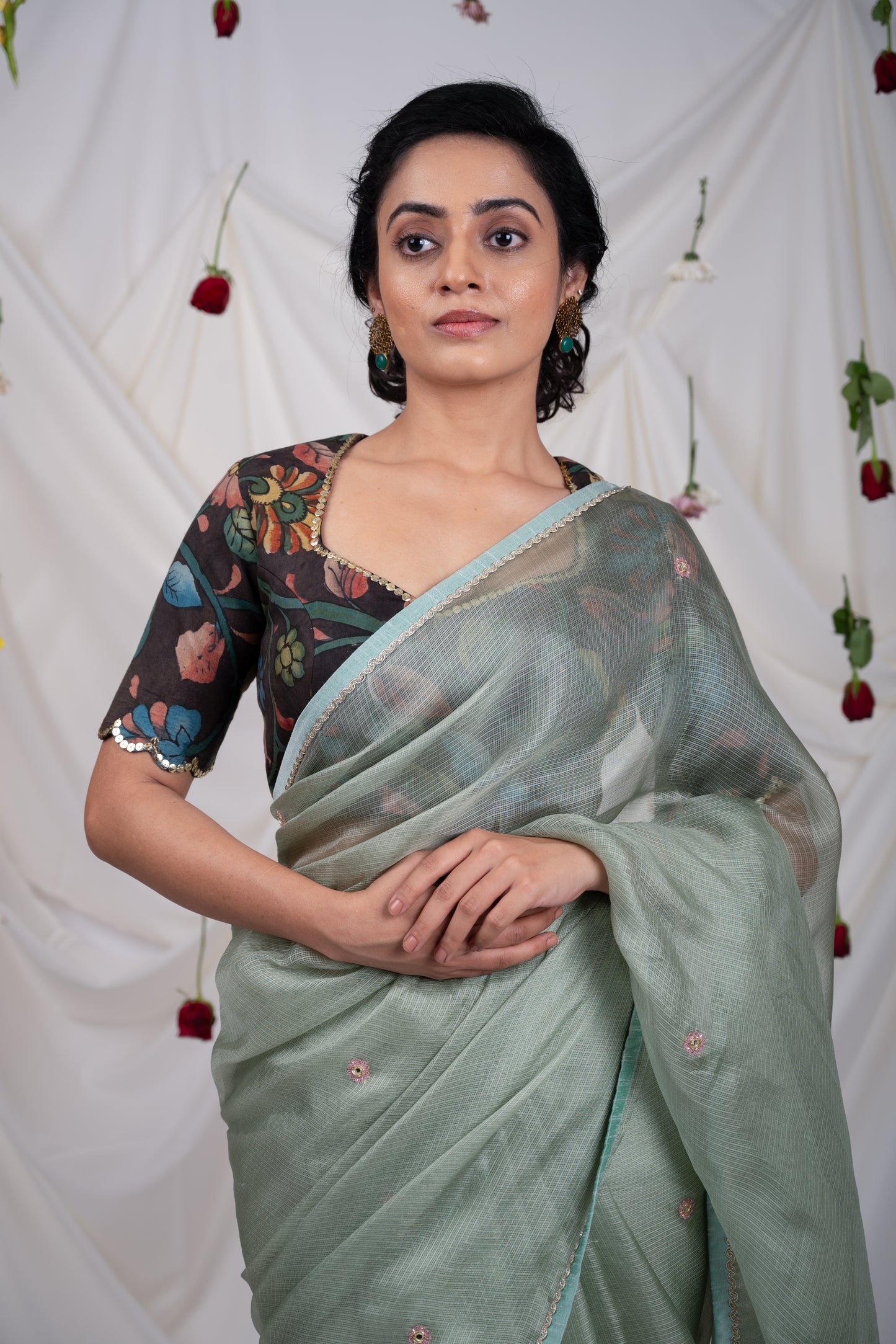 Ice-Green Saree Set With Kalamkari Detailing