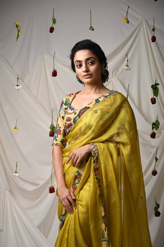 Haldi Yellow Saree Set With Kalamkari Detailing