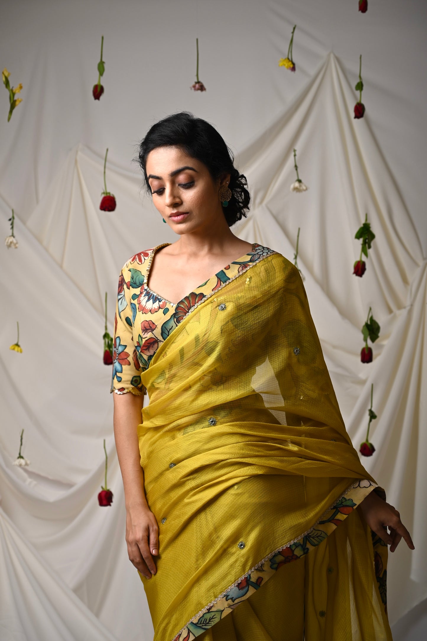 Haldi Yellow Saree Set With Kalamkari Detailing