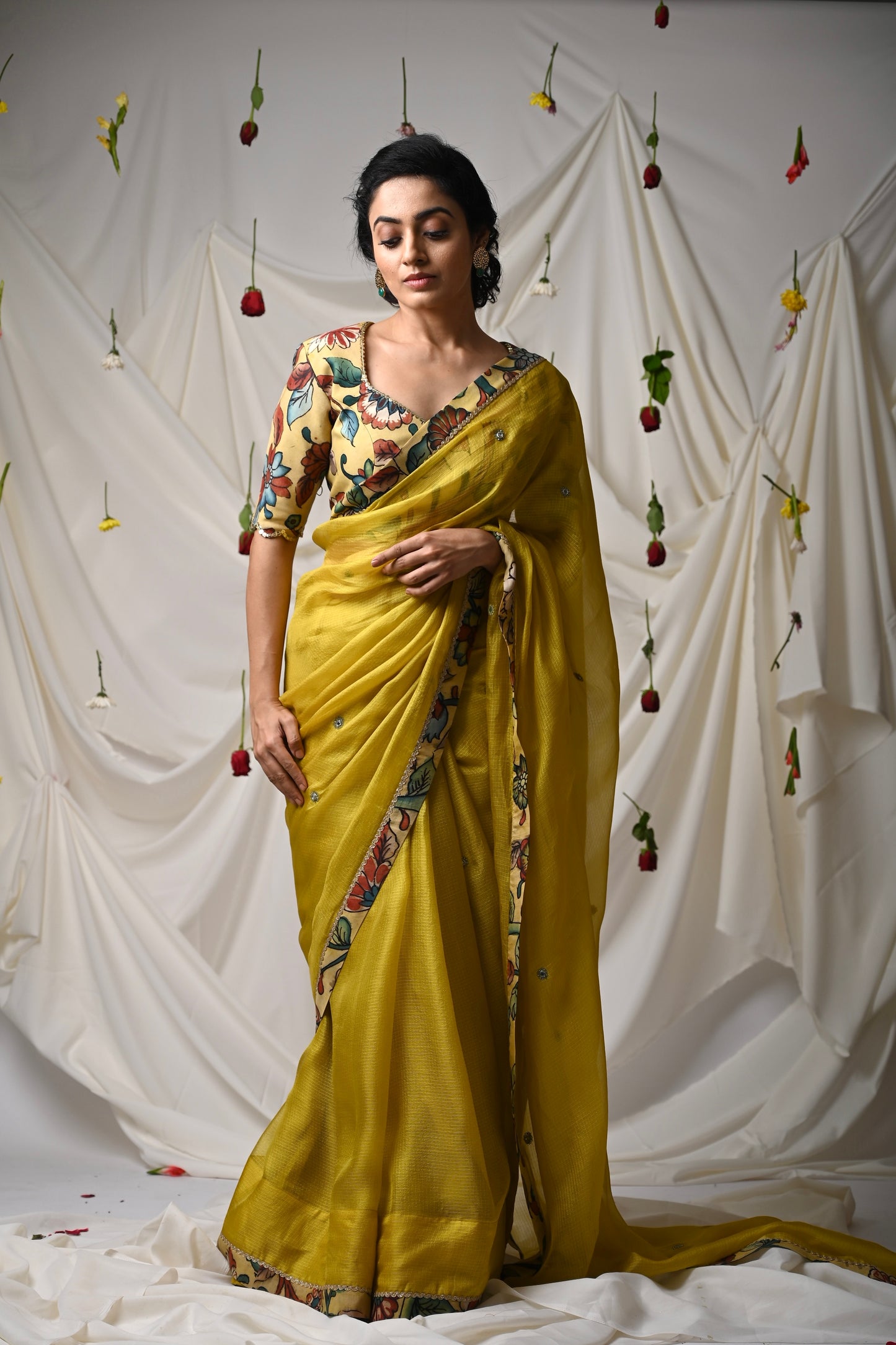 Haldi Yellow Saree Set With Kalamkari Detailing