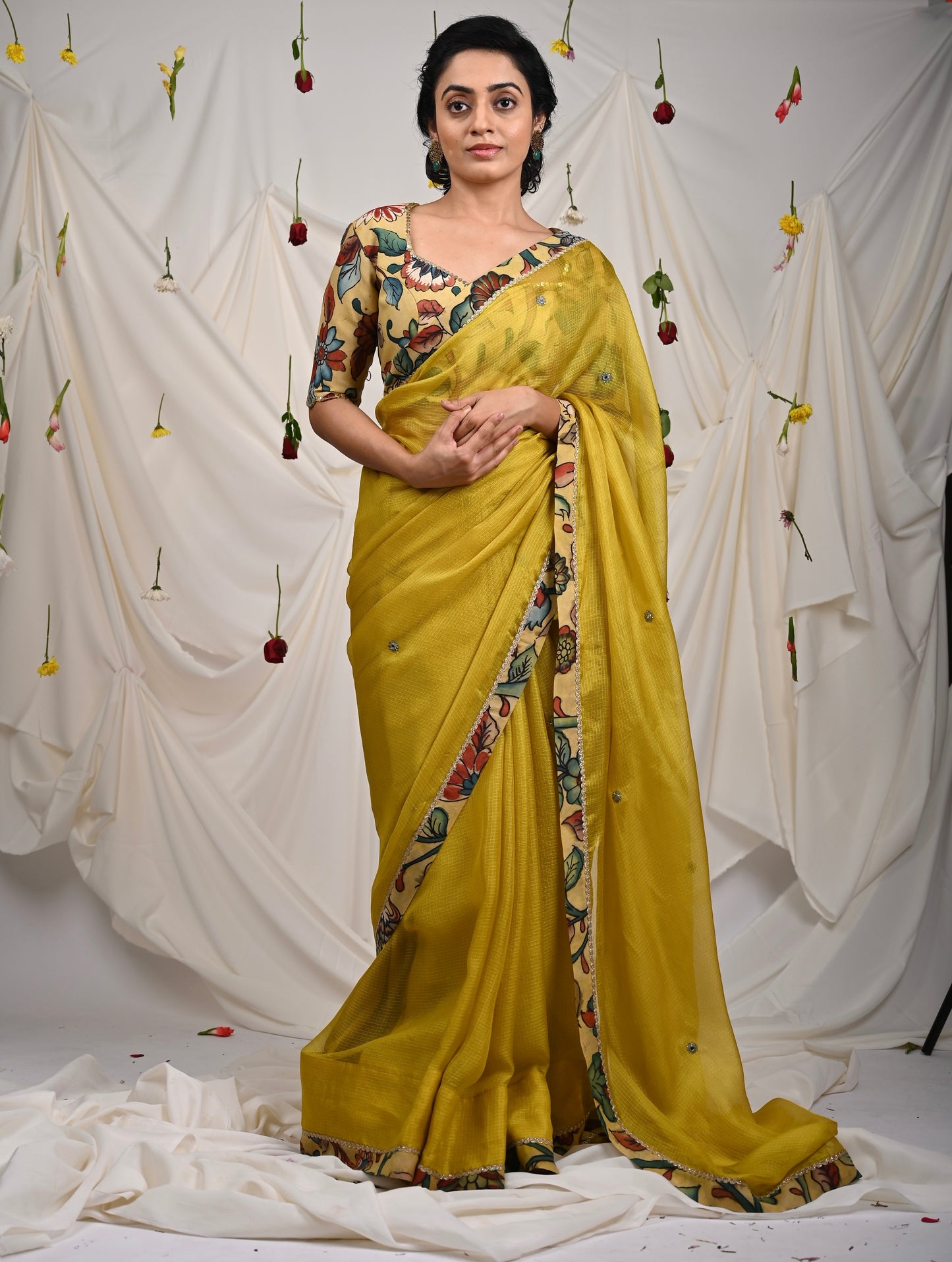 Haldi Yellow Saree Set With Kalamkari Detailing