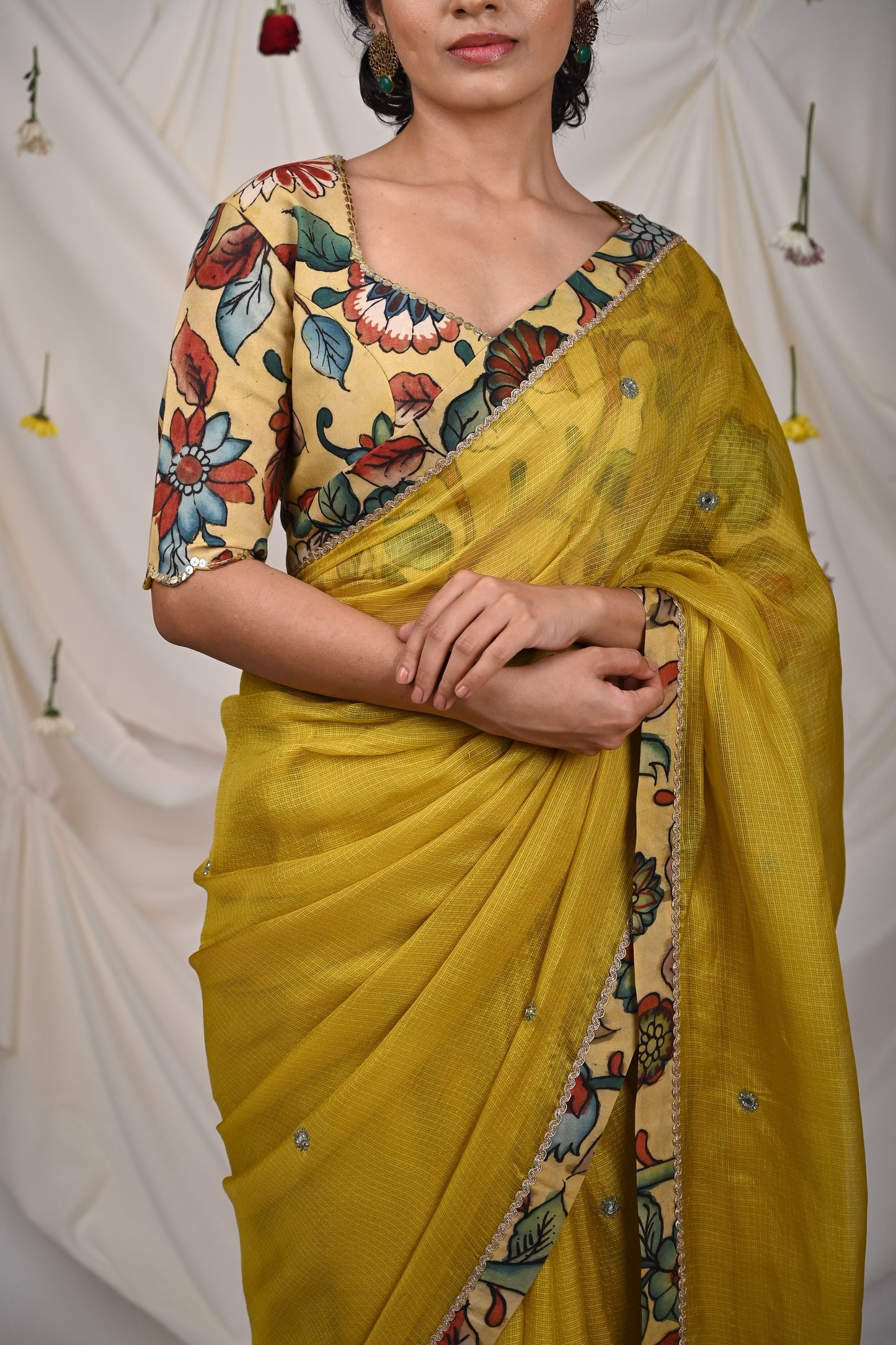 Haldi Yellow Saree Set With Kalamkari Detailing