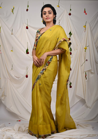 Haldi Yellow Saree Set With Kalamkari Detailing