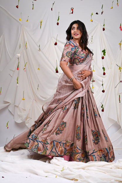 Sandrose-Pink Kalamkari Peacock Lehenga Set