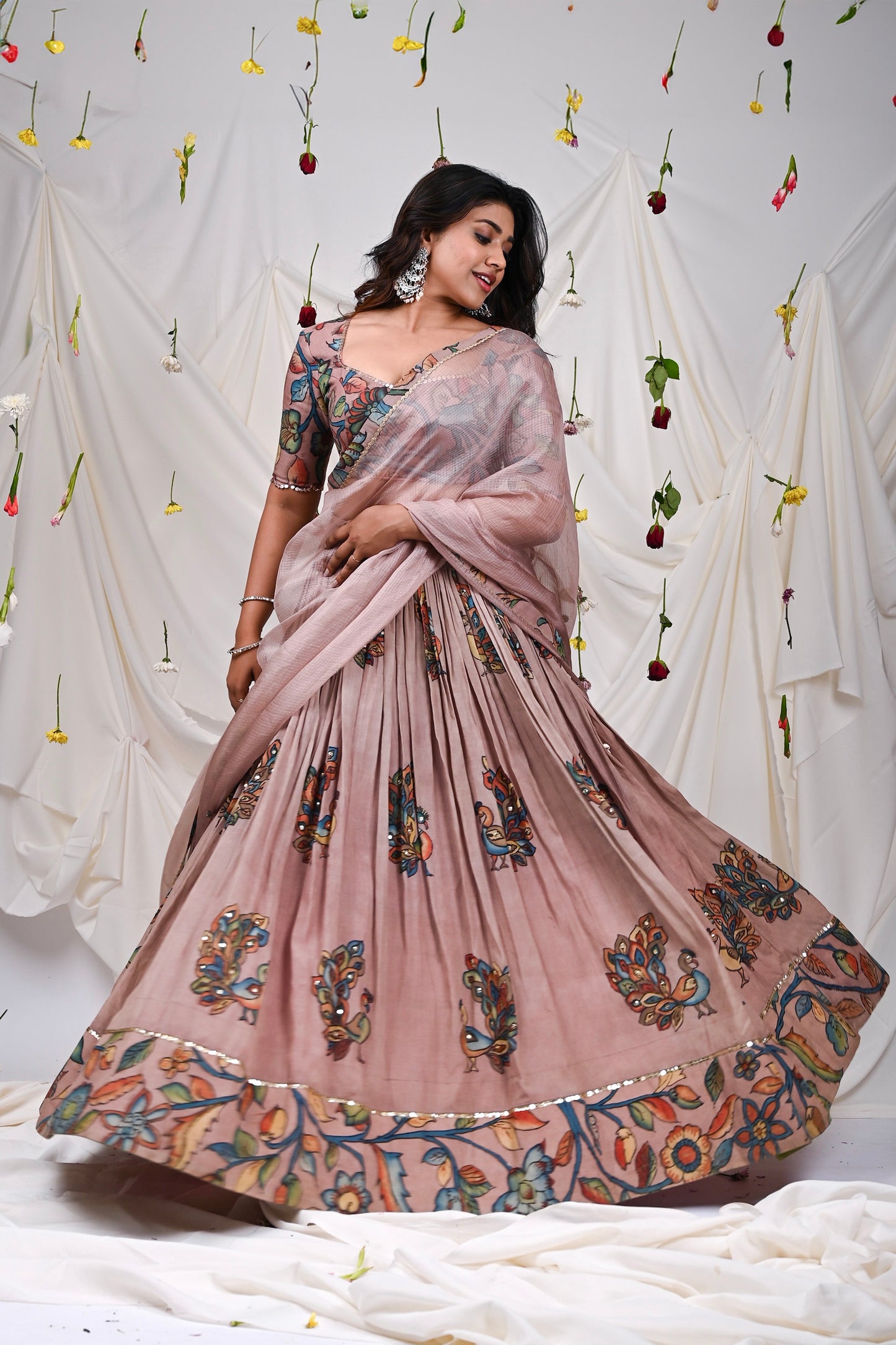 Sandrose-Pink Kalamkari Peacock Lehenga Set