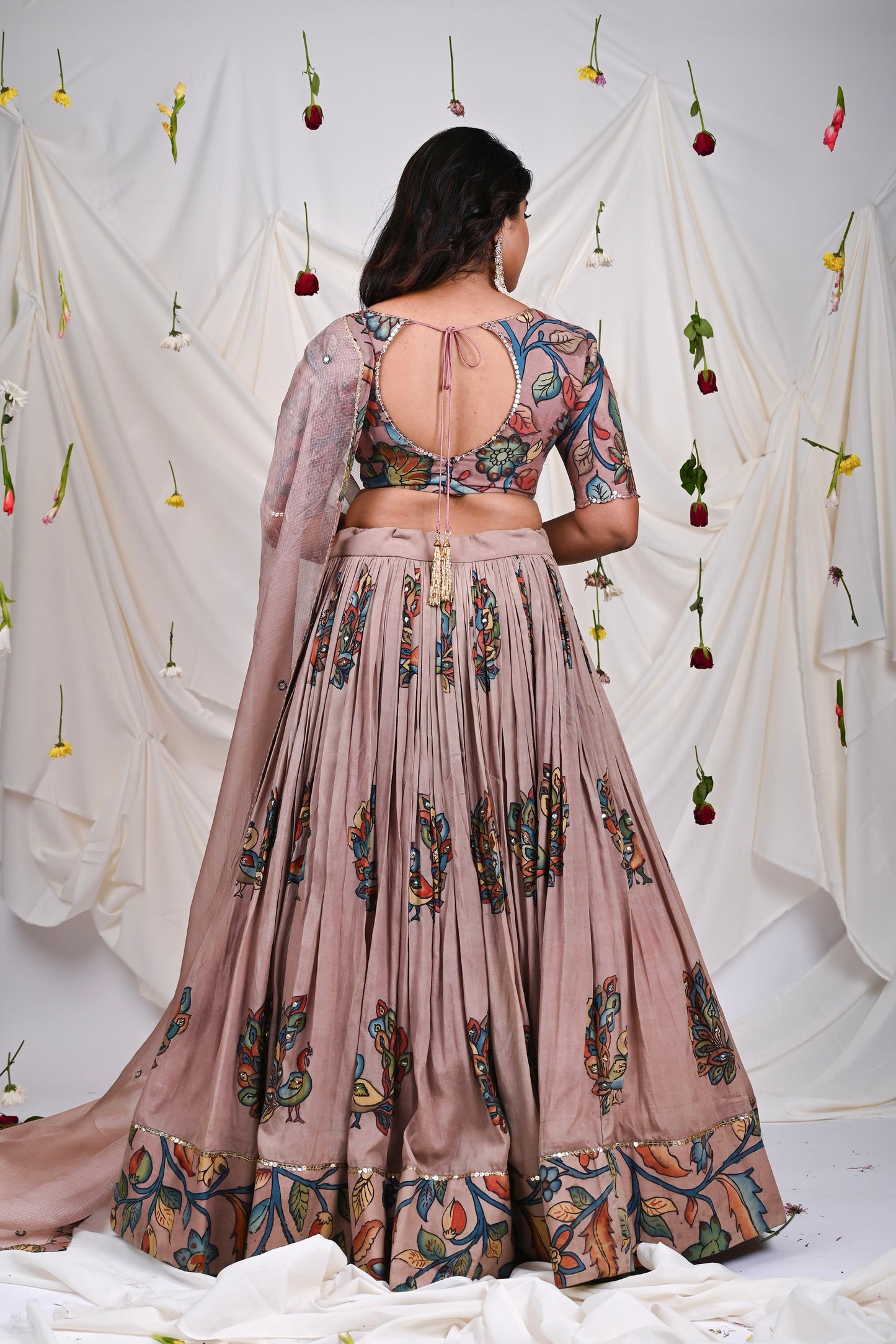 Sandrose-Pink Kalamkari Peacock Lehenga Set