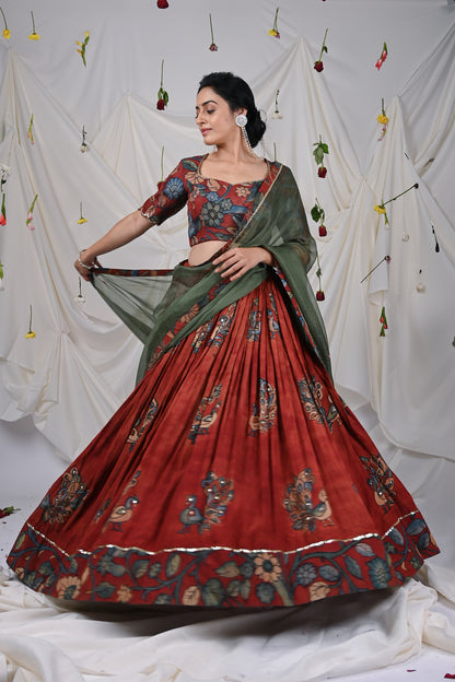 Maroon Kalamkari Peacock Lehenga Set