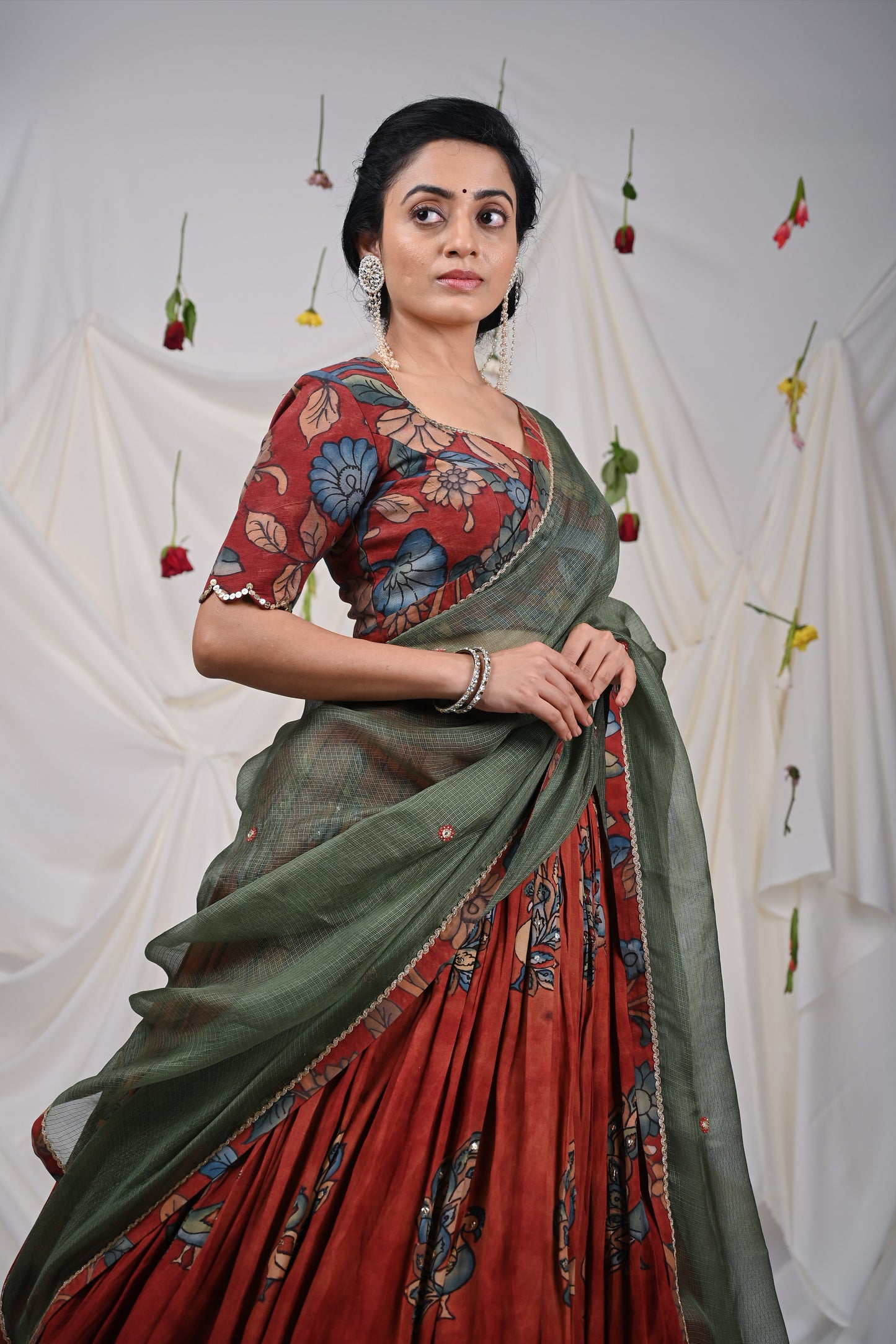 Maroon Kalamkari Peacock Lehenga Set