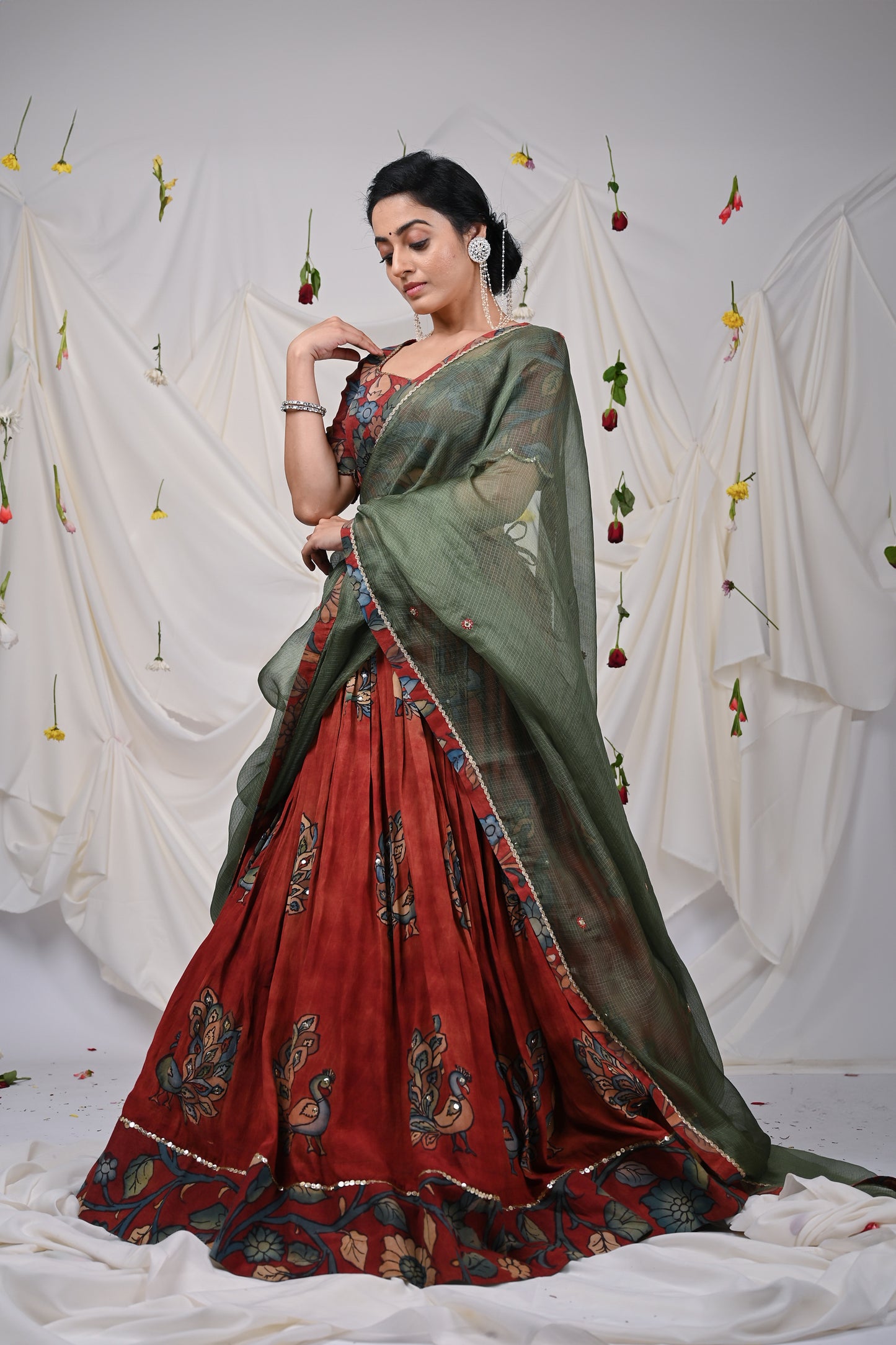 Maroon Kalamkari Peacock Lehenga Set