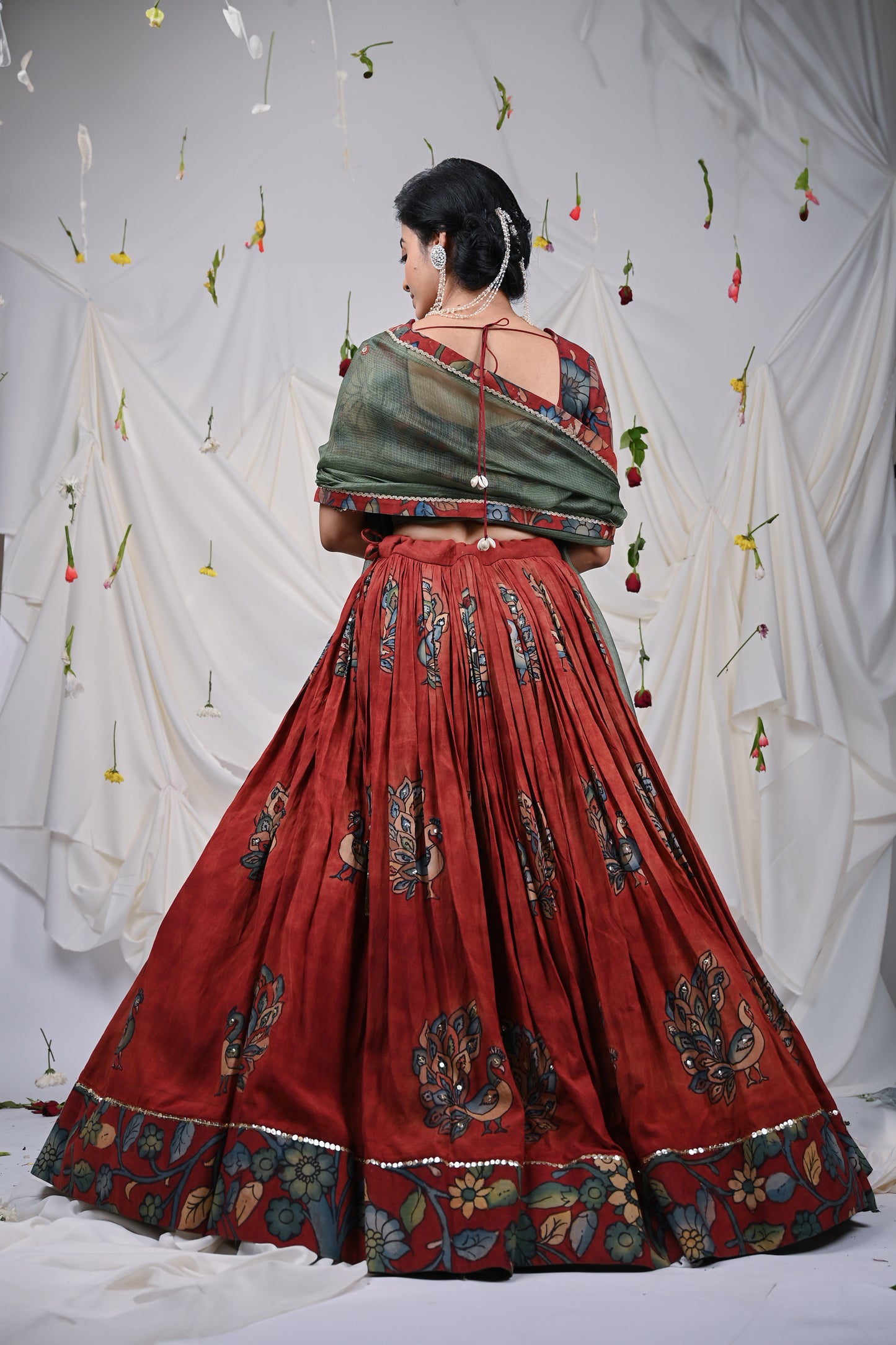 Maroon Kalamkari Peacock Lehenga Set