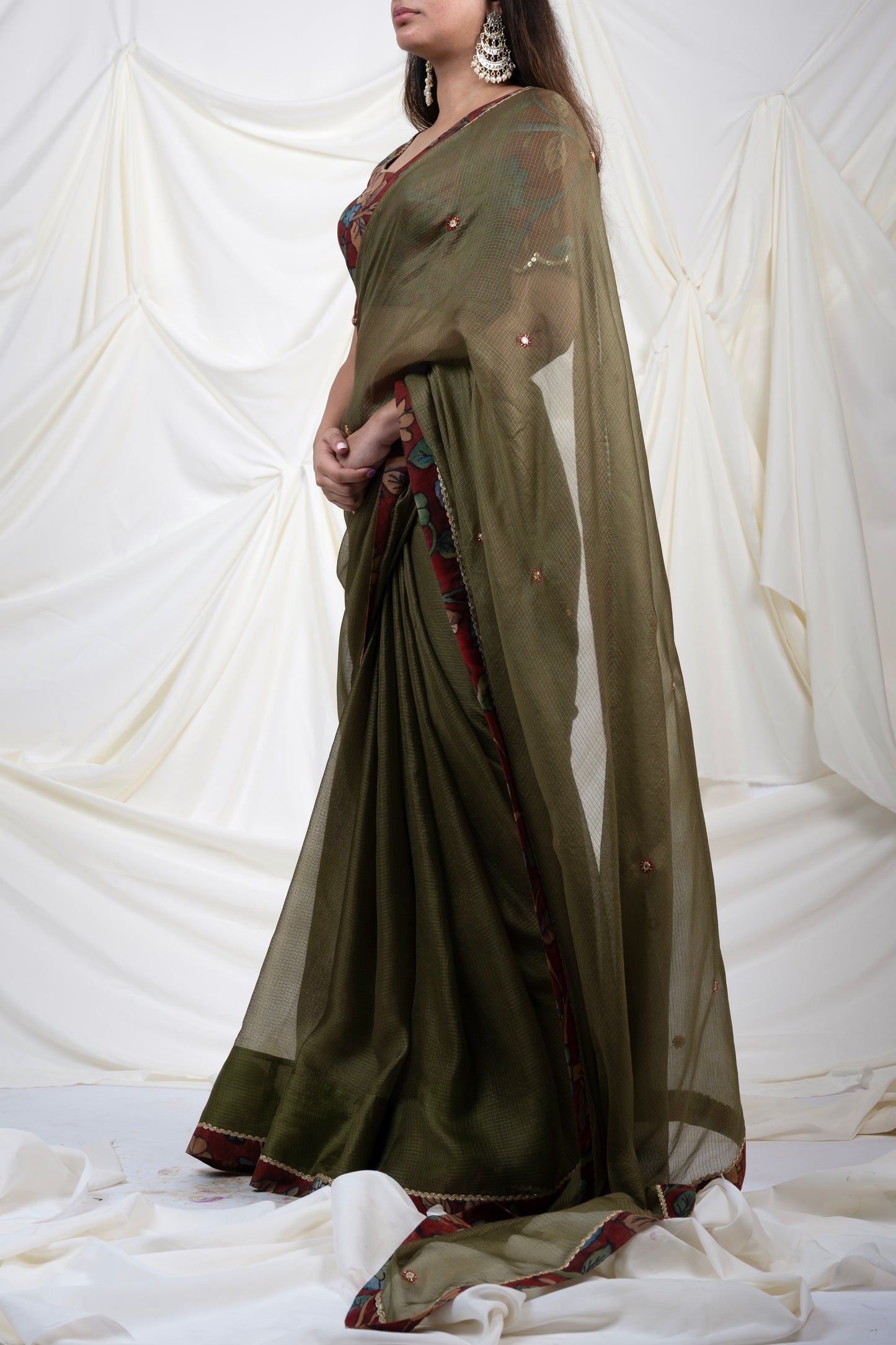 Olive-Green Kalamkari Border Saree Set