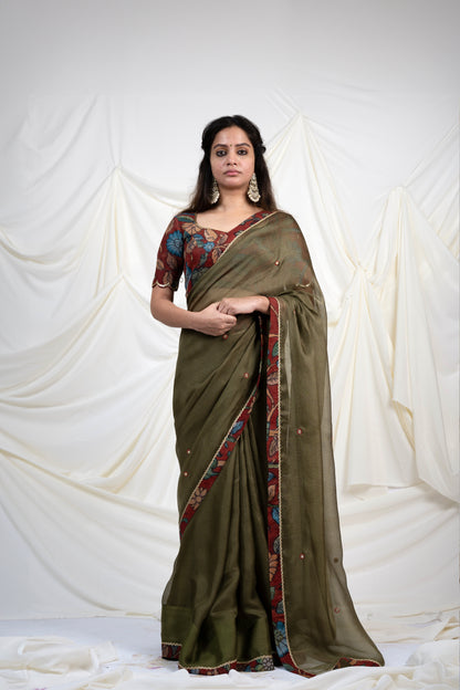 Olive-Green Kalamkari Border Saree Set