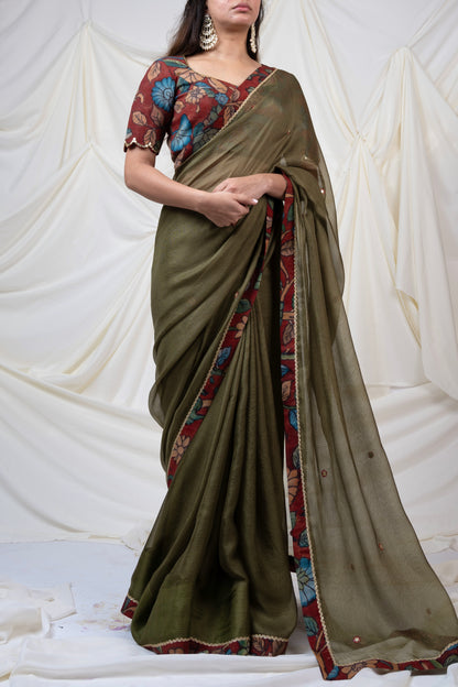 Olive-Green Kalamkari Border Saree Set