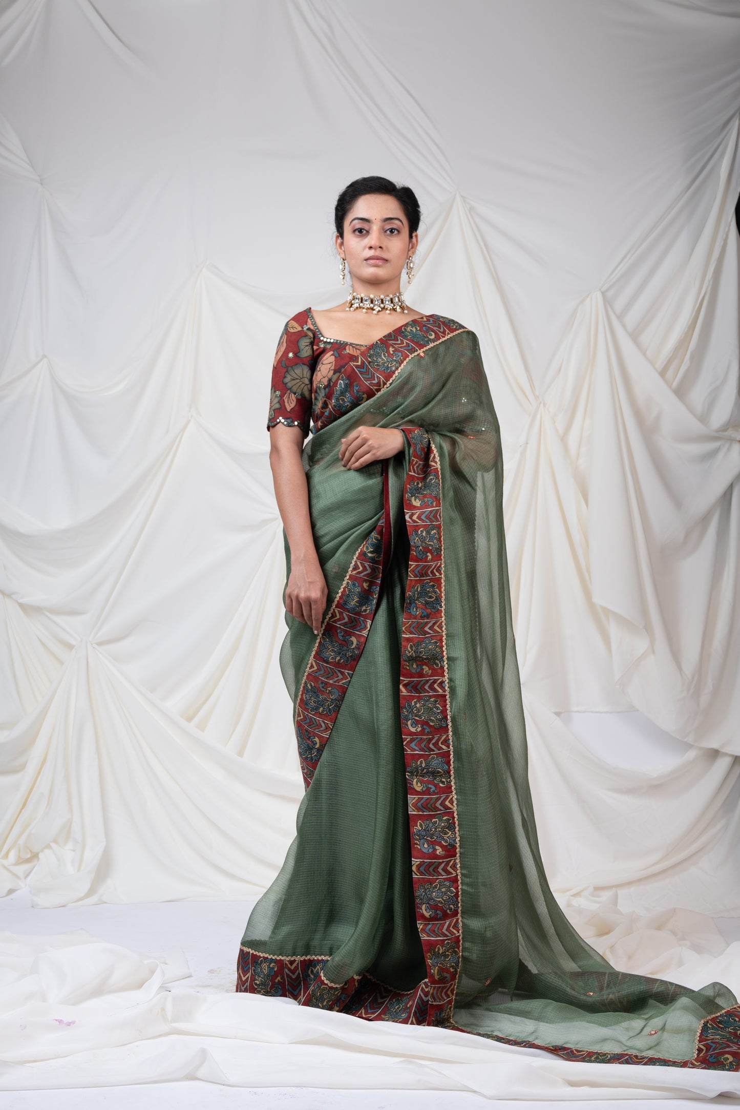 Sage-Green Peacock Border Saree Set