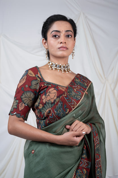 Sage-Green Peacock Border Saree Set