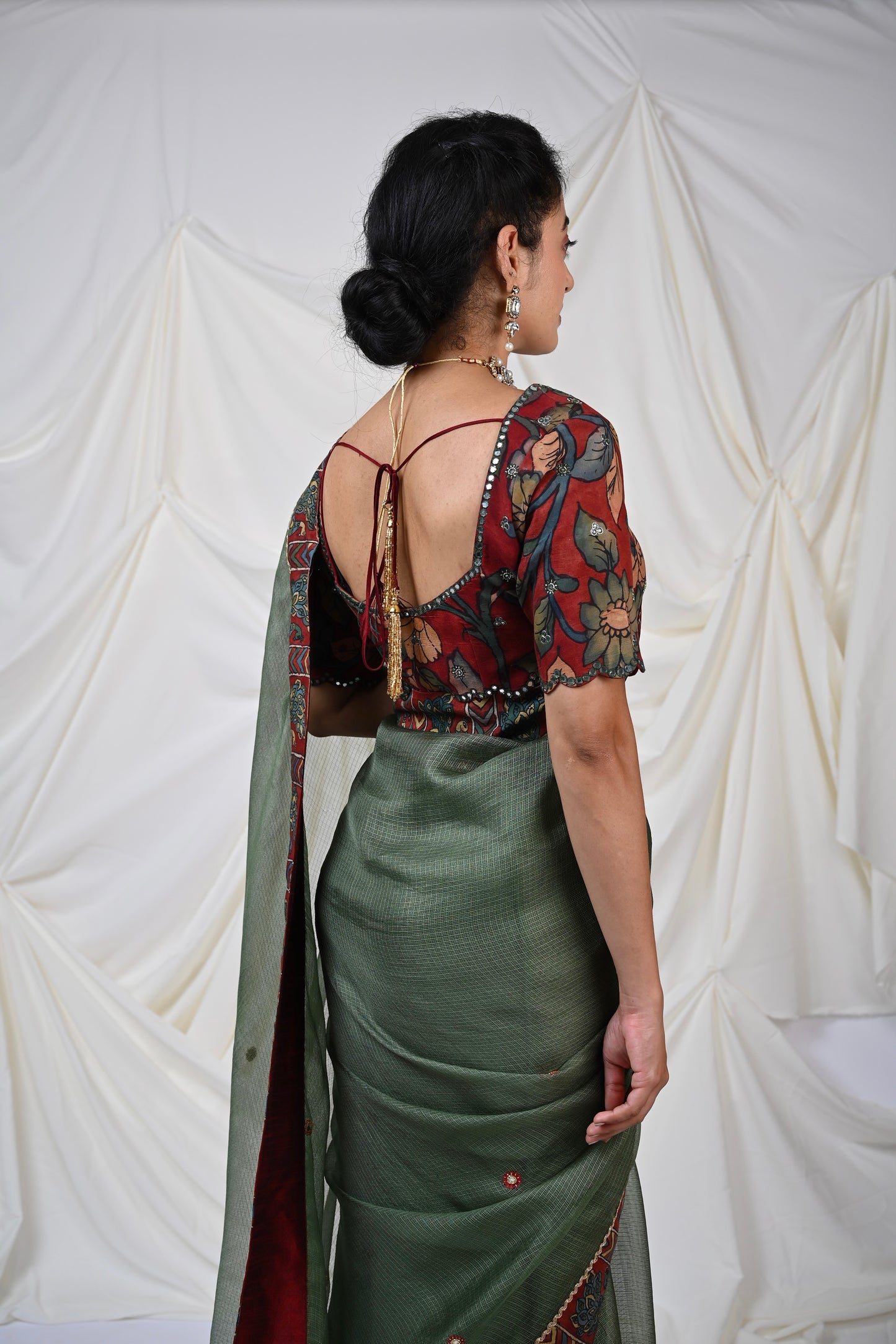 Maroon Kalamkari Mirror Work Cutwork Blouse