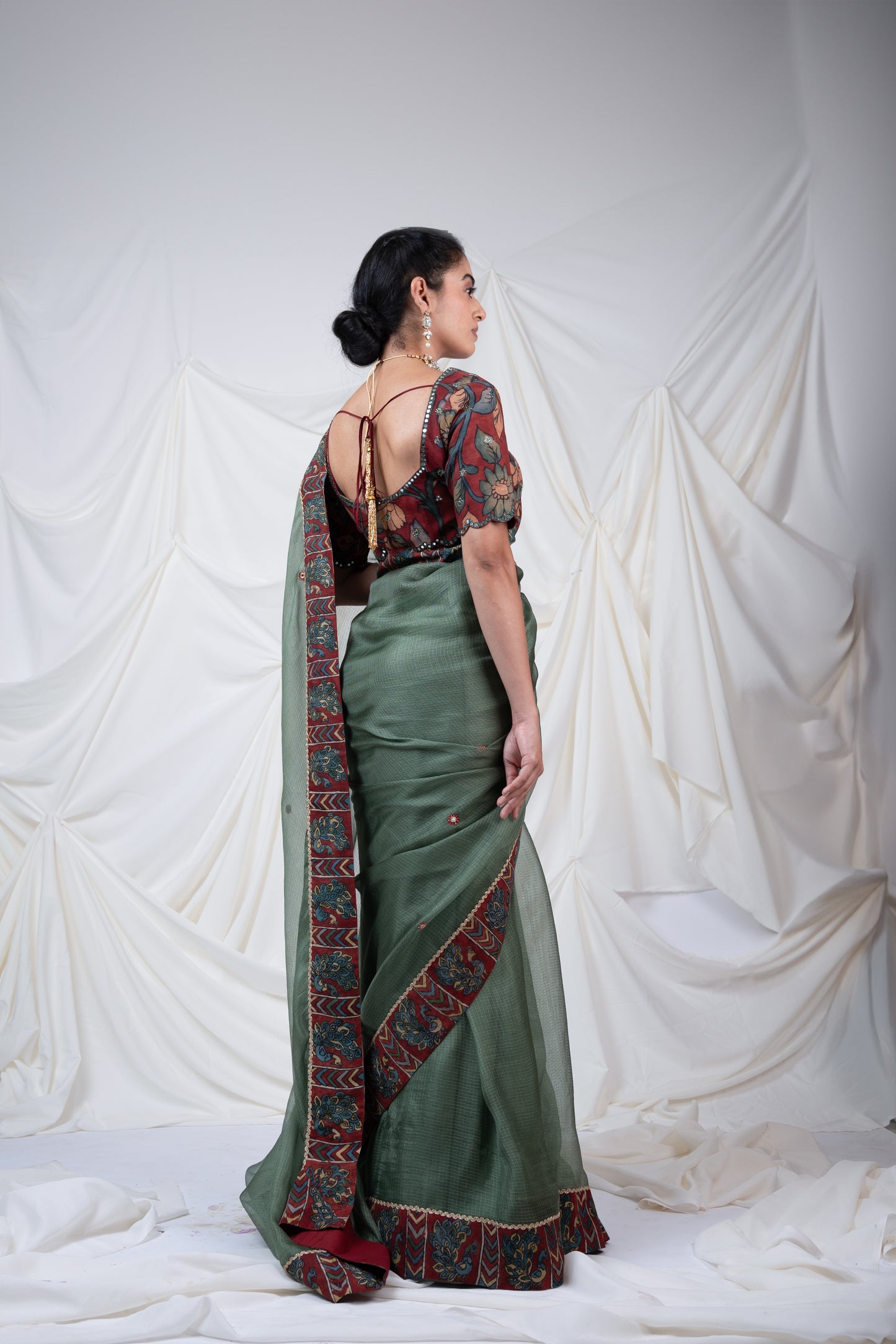 Sage-Green Peacock Border Saree Set