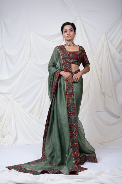 Sage-Green Peacock Border Saree Set