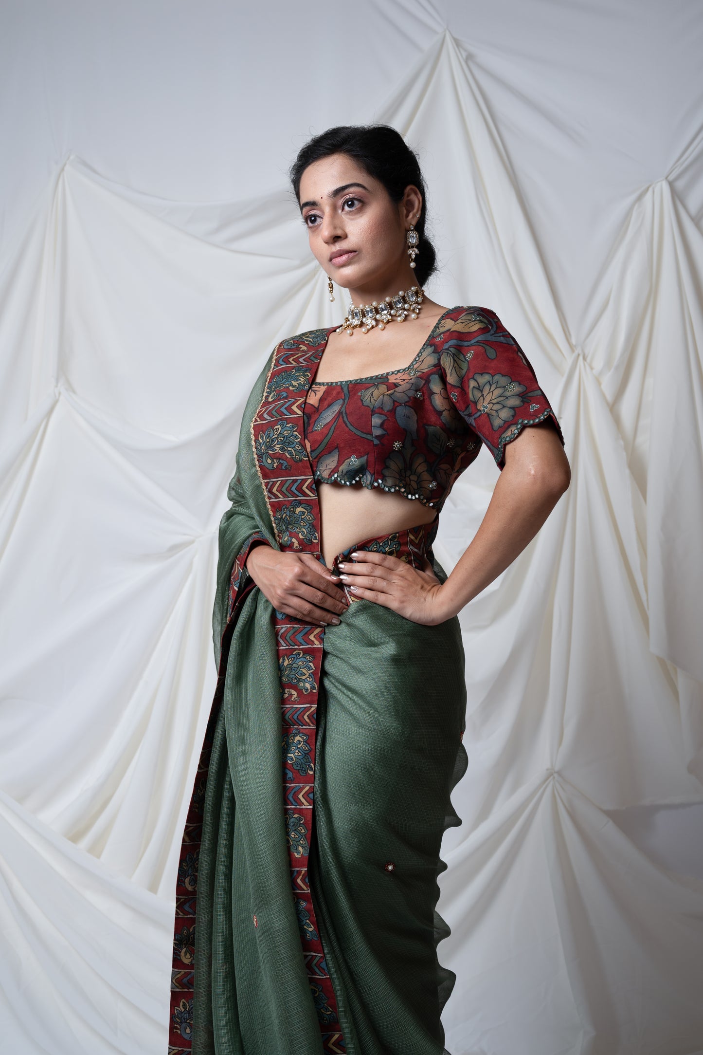 Sage-Green Peacock Border Saree Set