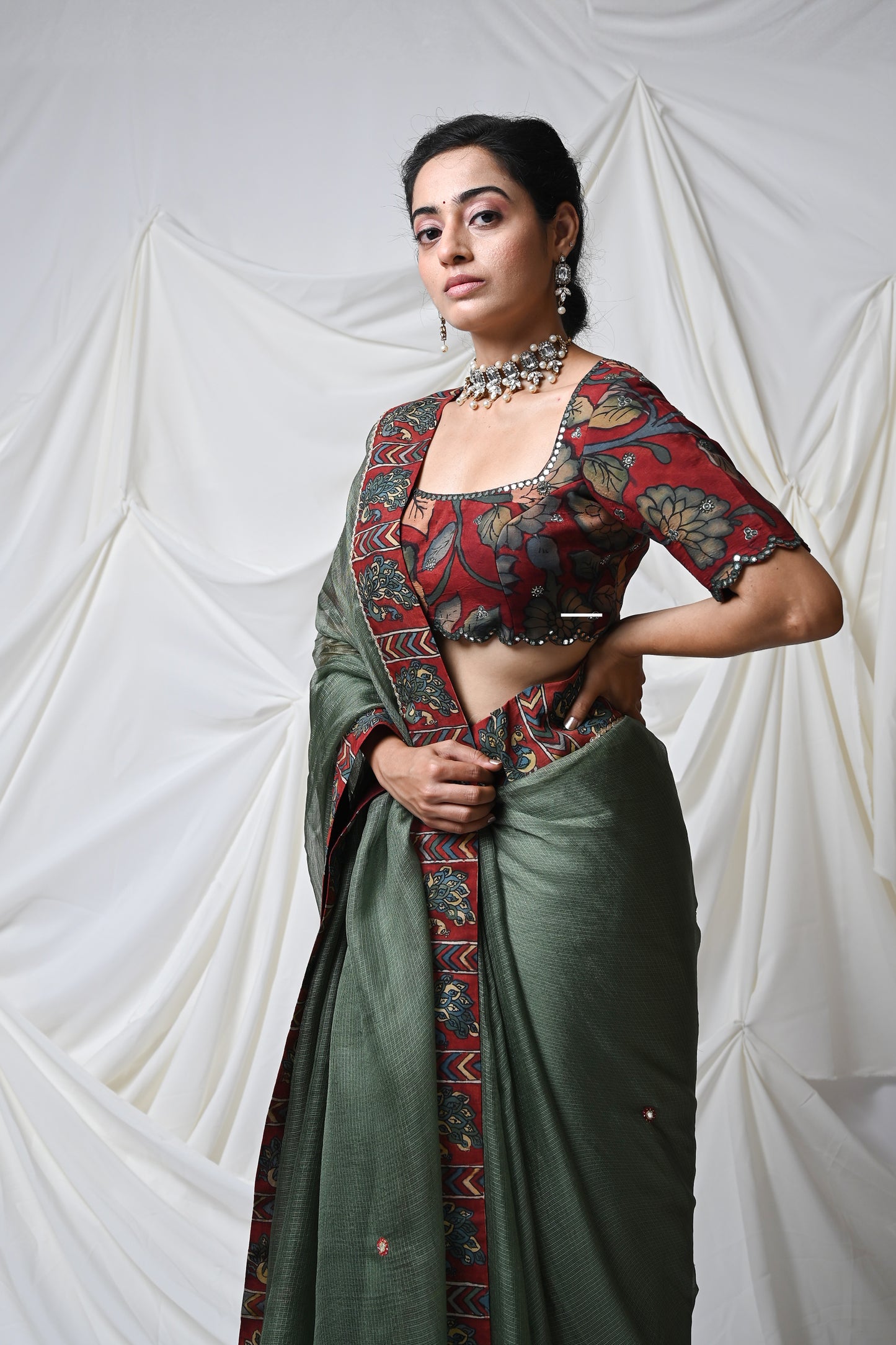 Maroon Kalamkari Mirror Work Cutwork Blouse