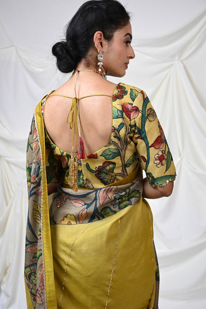 Oakre-Yellow Panelled Kalamkari Saree Set