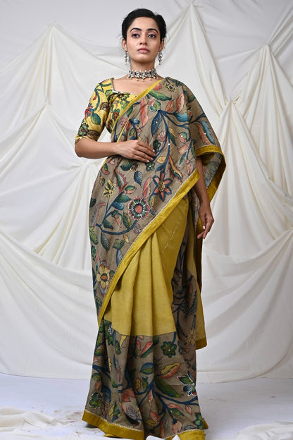 Oakre-Yellow Panelled Kalamkari Saree Set