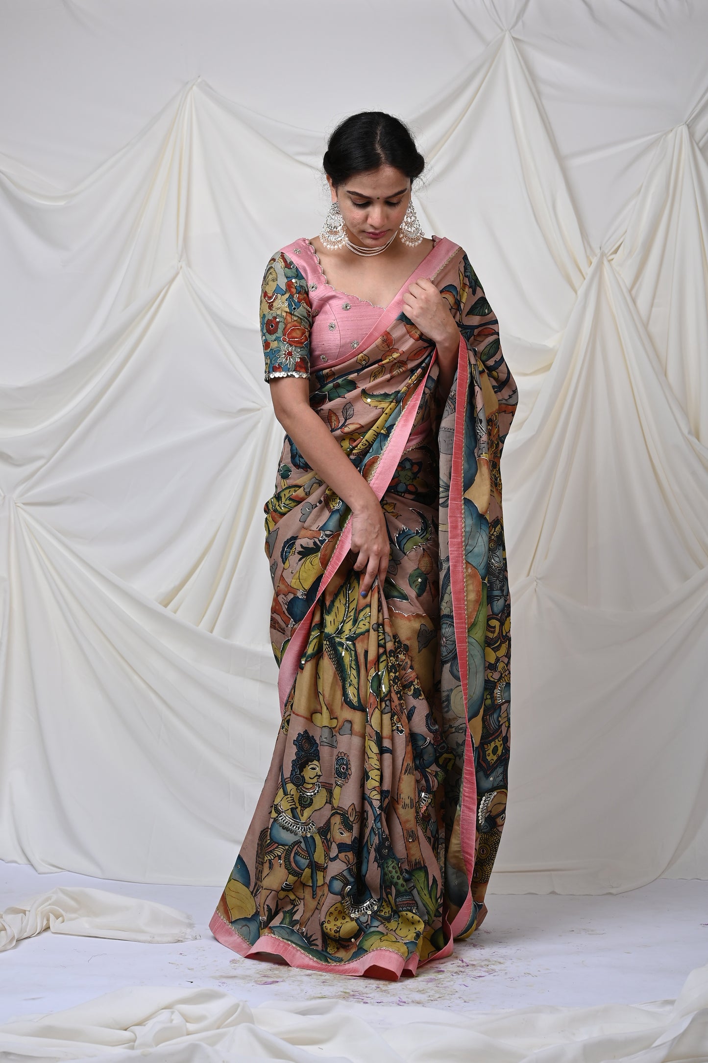 Sandrose-Pink Sena Kalamkari Saree Set