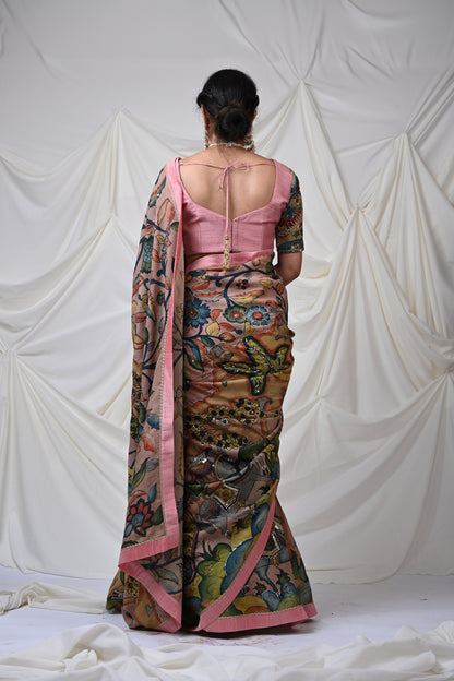 Sandrose-Pink Sena Kalamkari Saree Set