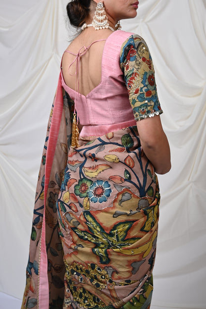 Peach-Pink Tribal Kalmakari Sleeves Blouse