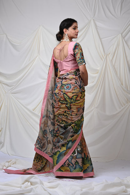 Sandrose-Pink Sena Kalamkari Saree Set