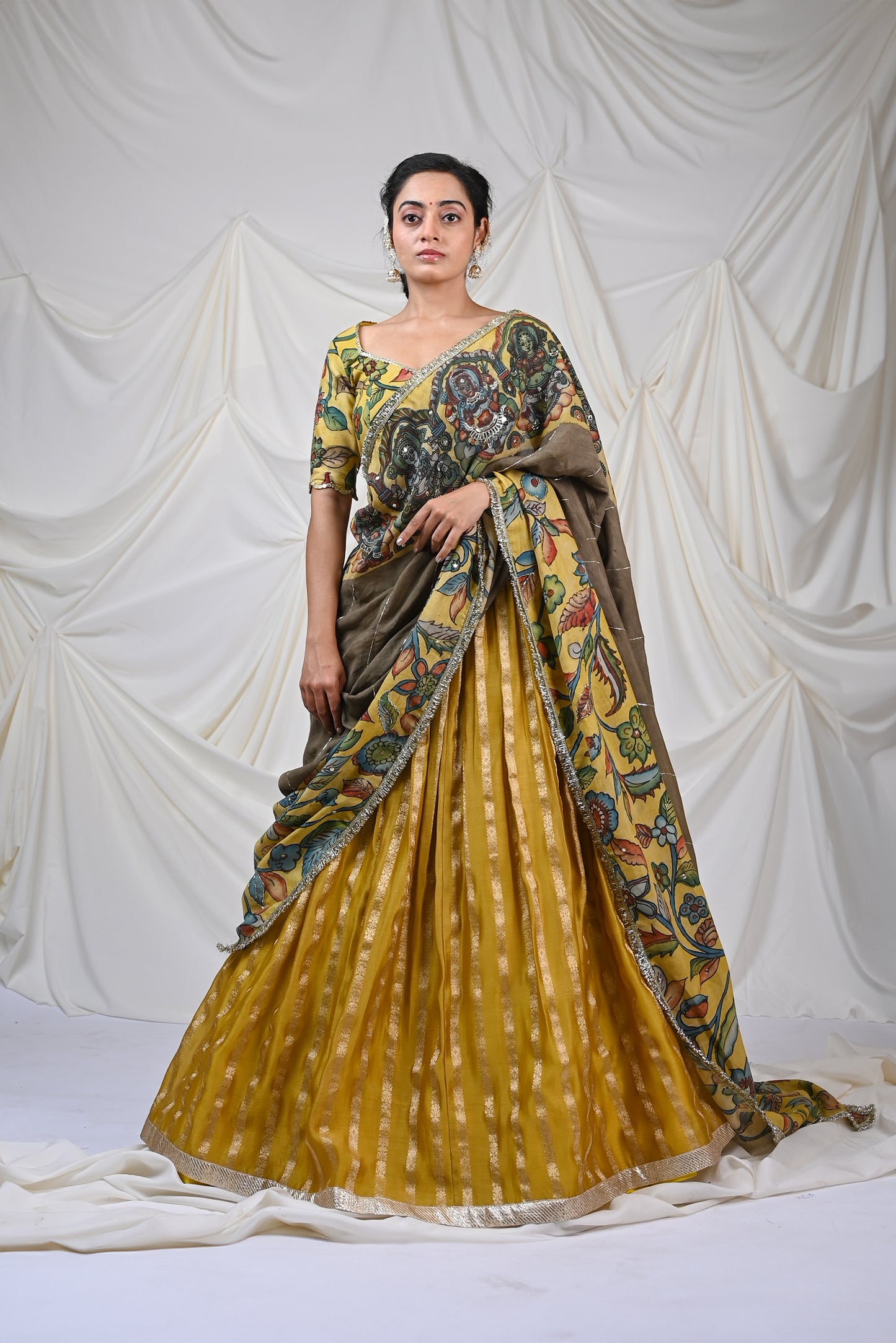 Oakre-Yellow AshtaLaxmi Kalamkari Lehenga Set