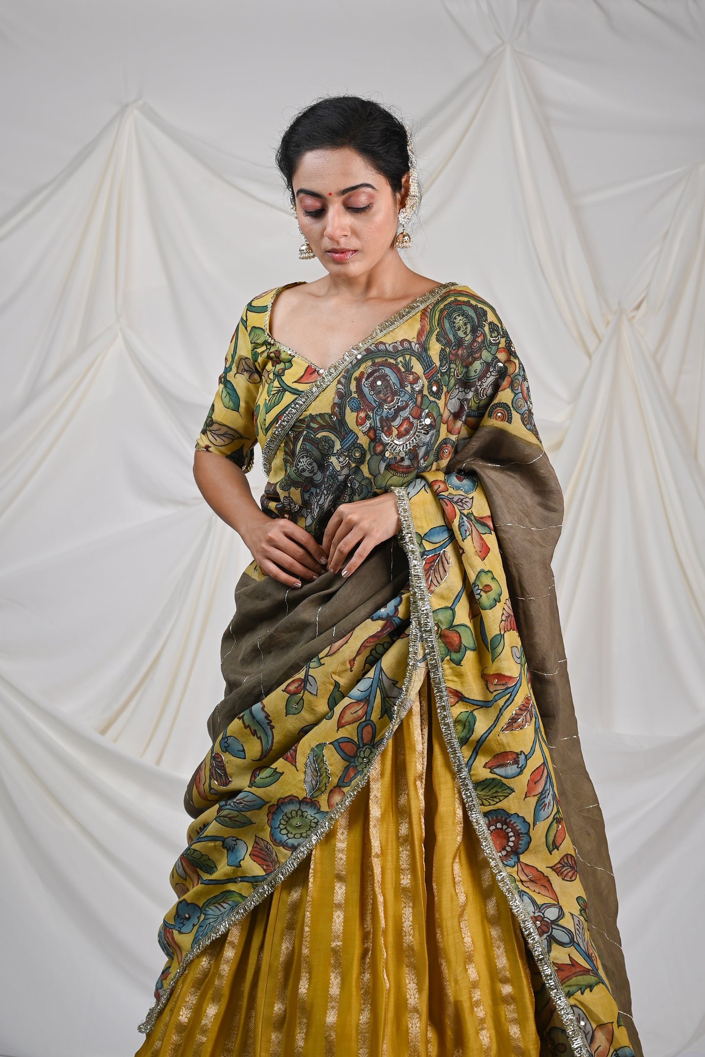 Oakre-Yellow AshtaLaxmi Kalamkari Lehenga Set