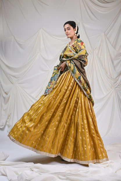 Oakre-Yellow AshtaLaxmi Kalamkari Lehenga Set