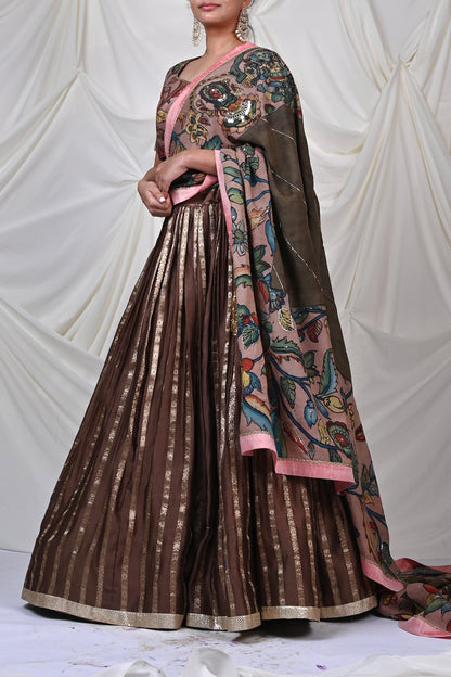 Brown Ashta-Laxmi Kalamkari Lehenga Set